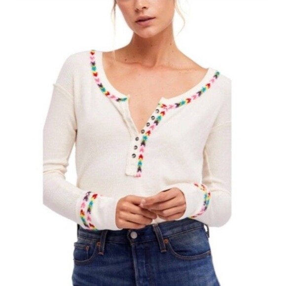 Free People Henley Thermal Top Small Waffle Knit Rainbow Trim Shirt Boho Hippie - Picture 8 of 11